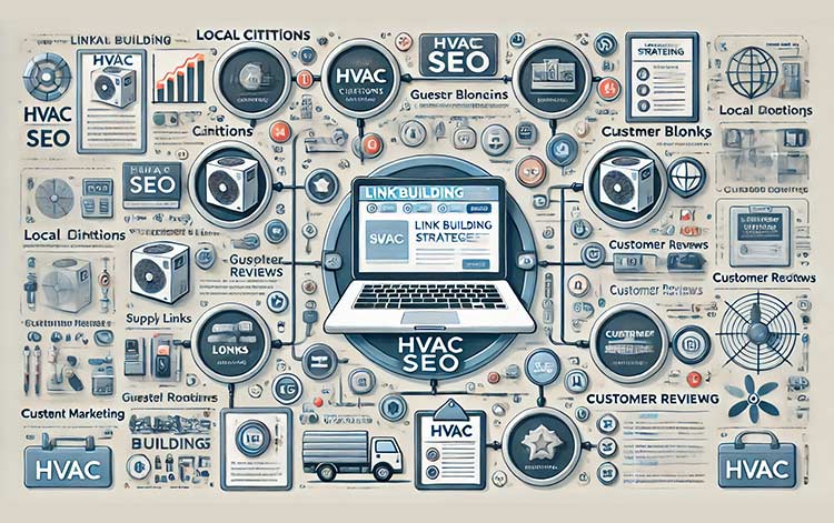 A visually engaging infographic style image illustrating Link Building Strategies for HVAC SEO