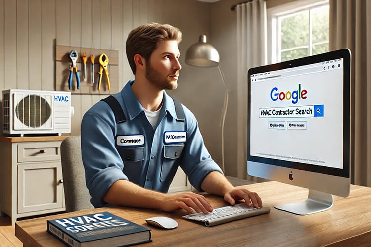 HVAC contractor in a home office setting, searching on Google for HVAC services on a desktop PC
