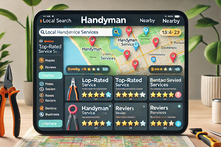 A digital screen showing local search results for handyman services